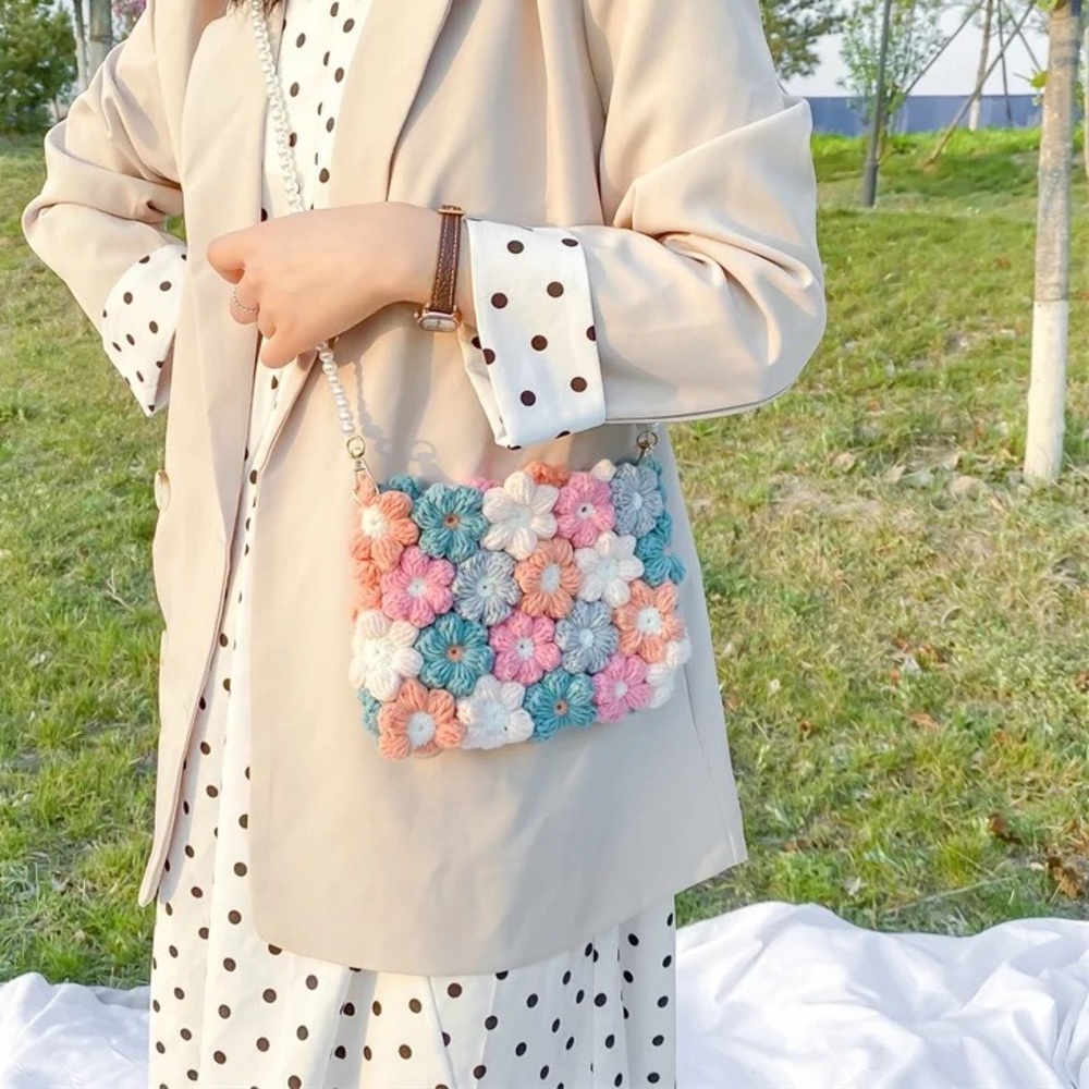 Flower Crochet bag  rainbow blue pink shoulder Pearl strap